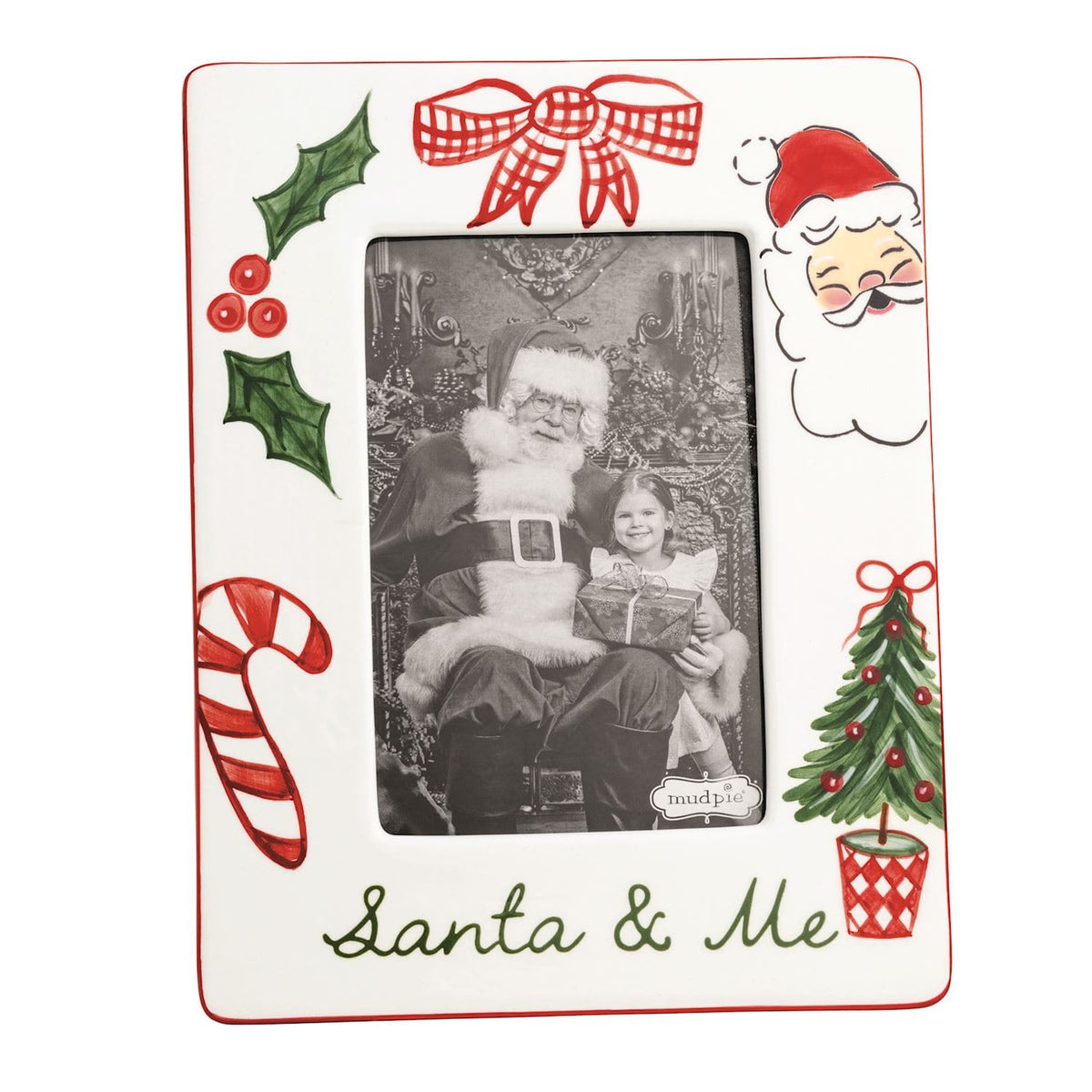 Mudpie Santa & Me white painted ceramic photo frame with holiday motifs, 4x6 inch