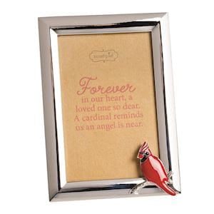 Silver metal photo frame with red cardinal bird accent and inspirational sentiment card