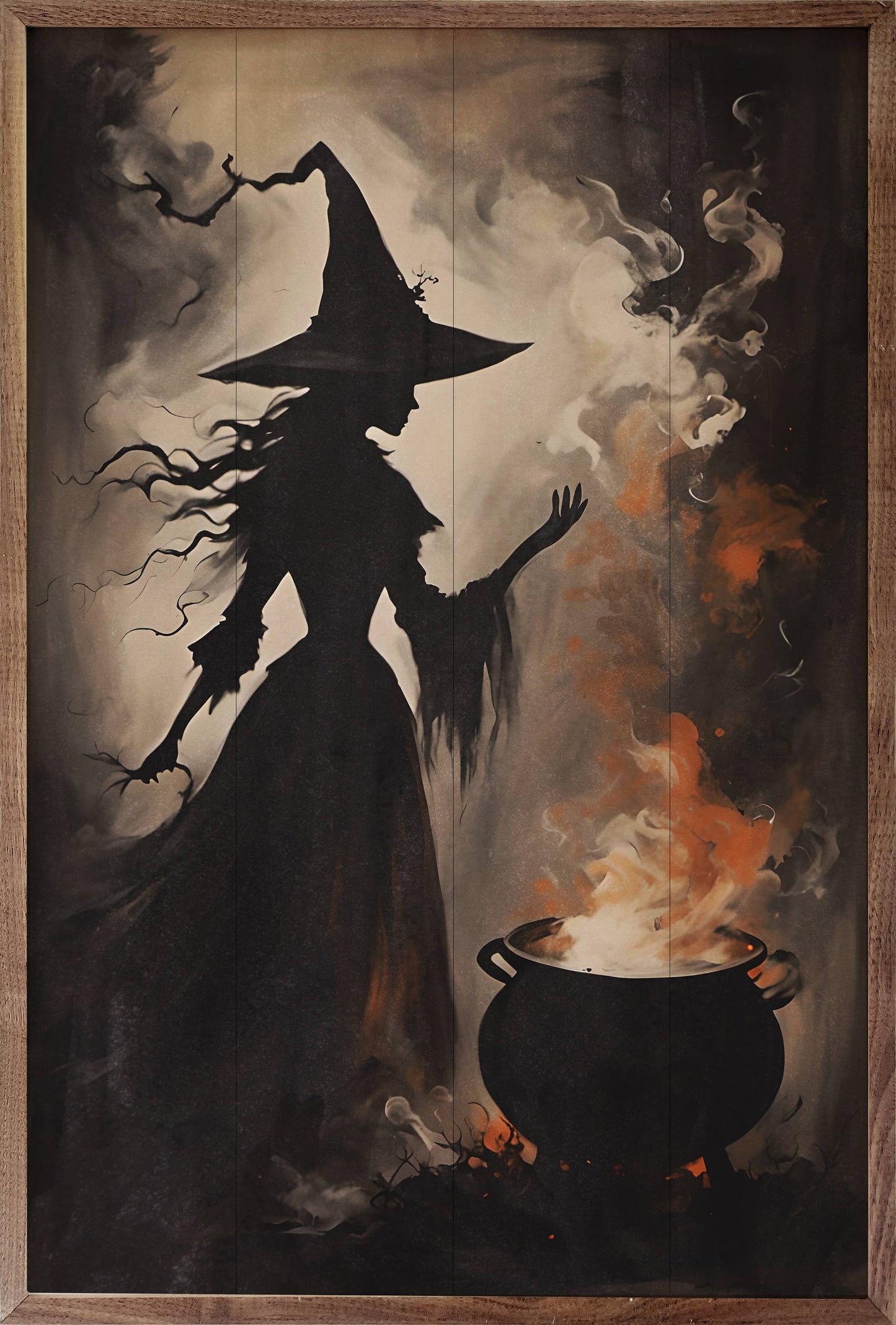 Black silhouette witch in pointed hat conjuring over glowing orange cauldron wall art