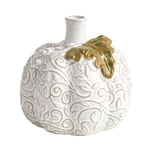 White ceramic pumpkin bud vase with embossed lace pattern and gold leaf stem