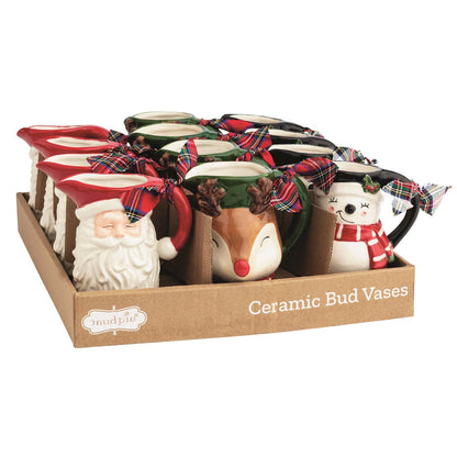 Mudpie ceramic Christmas bud vases in Santa, reindeer, and snowman designs with plaid bows