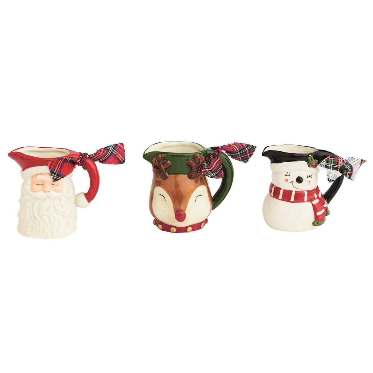 Mudpie ceramic Christmas pitchers: Santa, reindeer, and snowman with plaid ribbon bows