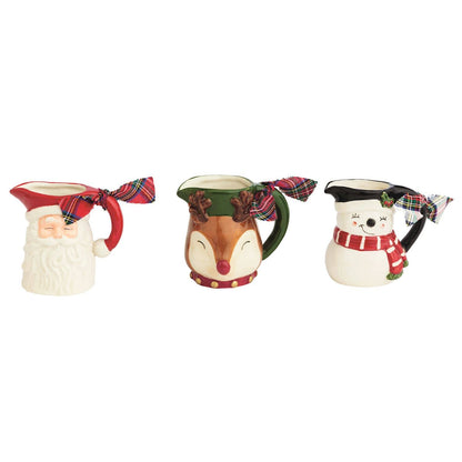 Mudpie ceramic Christmas pitchers: Santa, reindeer, and snowman with plaid ribbon bows