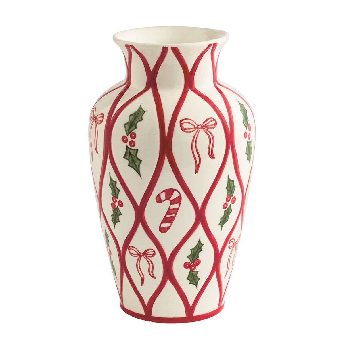 White ceramic Christmas vase with red lattice, holly, bows, and candy cane motifs