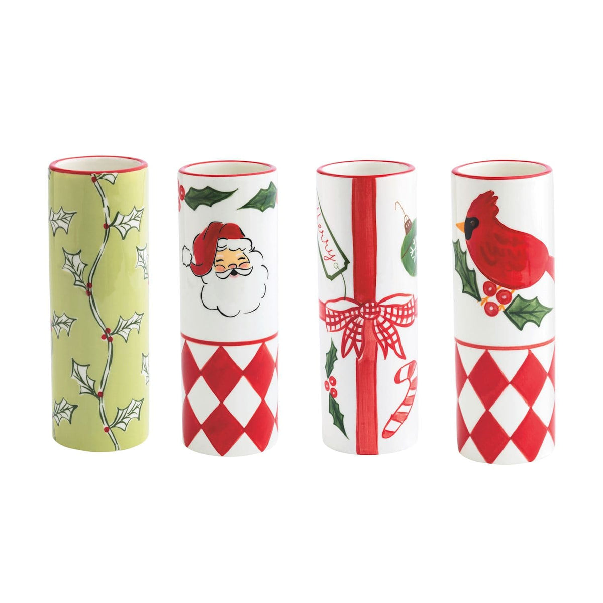 Set of 4 ceramic Christmas vases with holly, Santa, cardinal, and gift ribbon designs