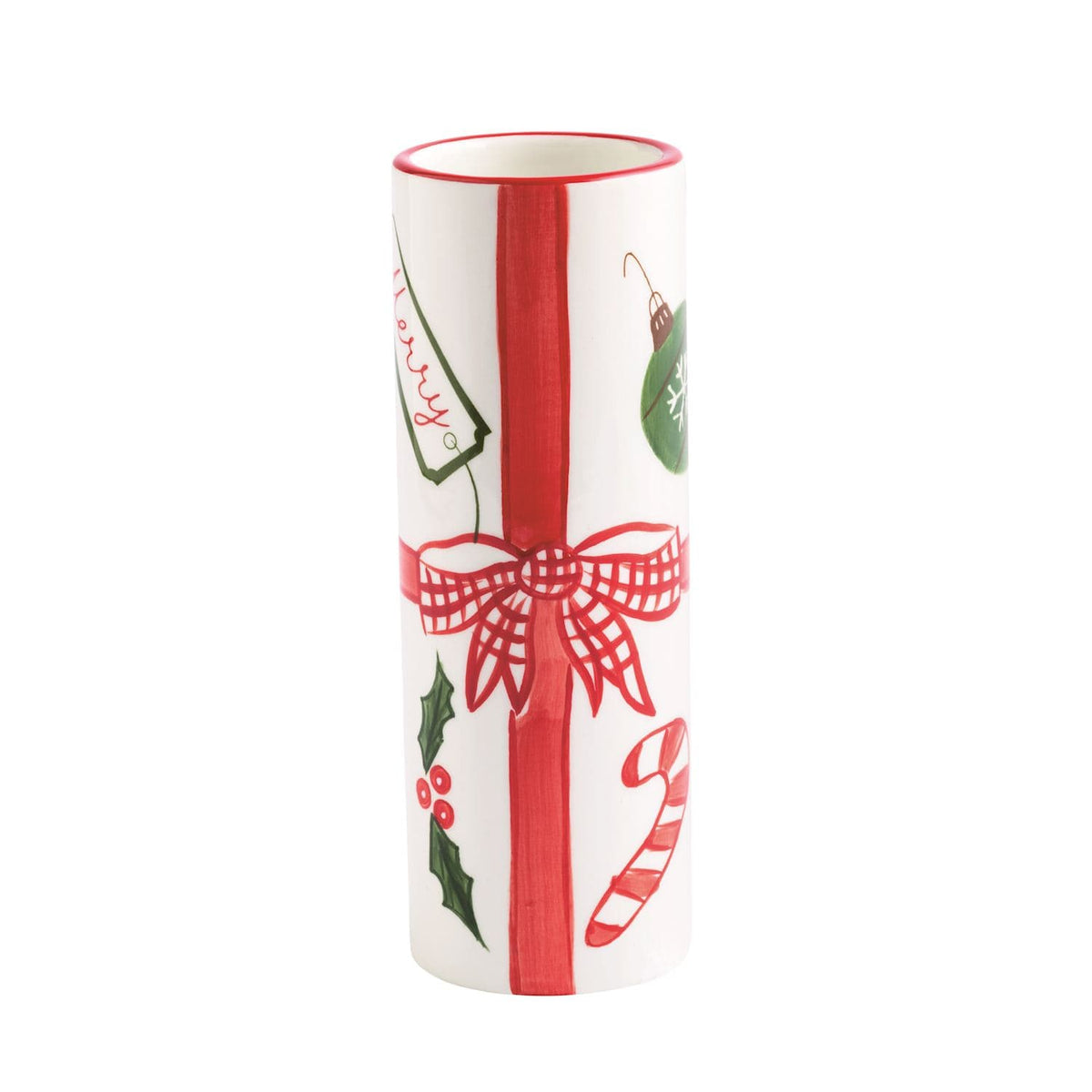 White ceramic cylinder vase with Christmas ribbon bow, holly, candy cane, and ornament illustrations
