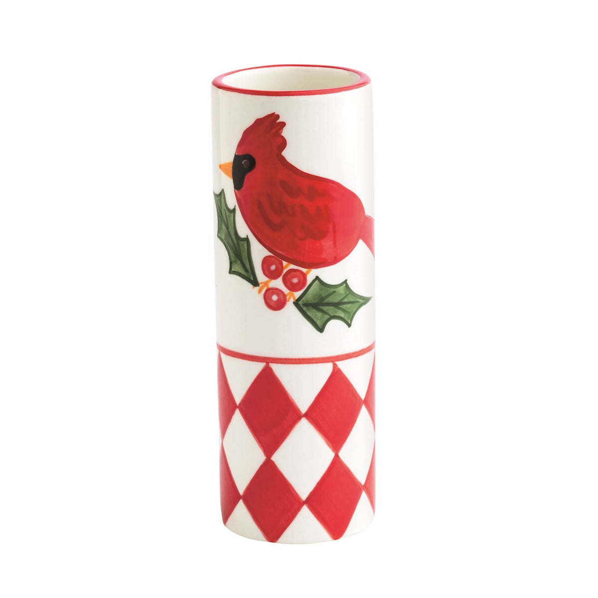 White ceramic vase with red cardinal, holly berries, and red diamond harlequin pattern