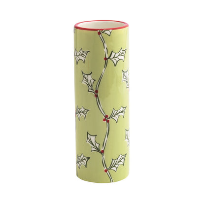 Lime green ceramic cylinder vase with holly leaf and red berry pattern