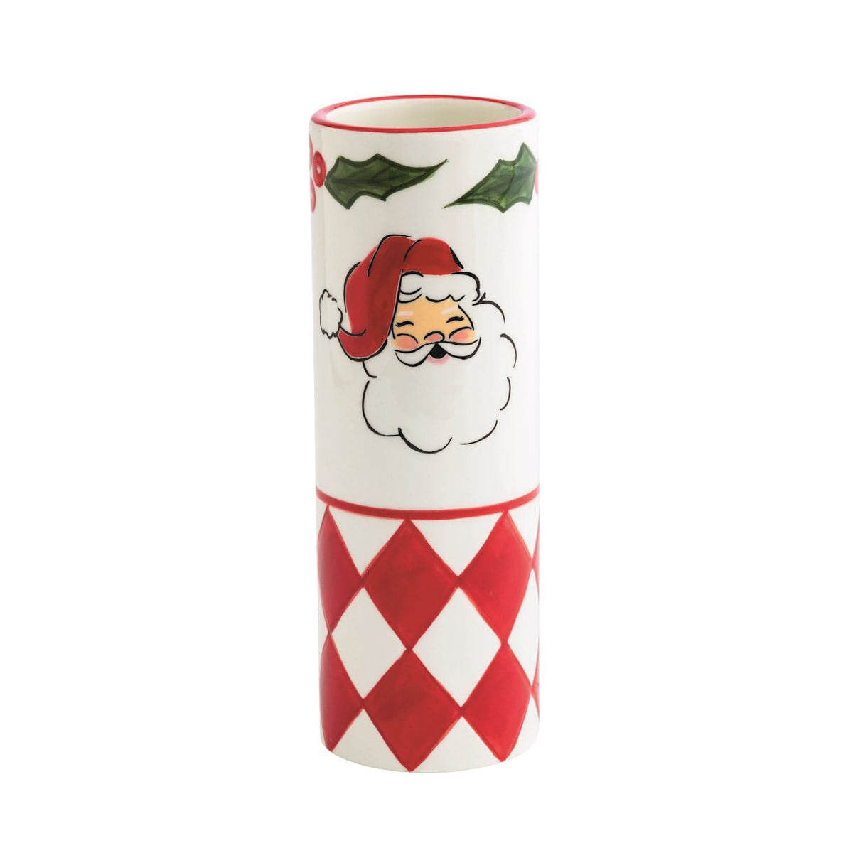 White ceramic cylinder vase with Santa face, holly, and red diamond pattern