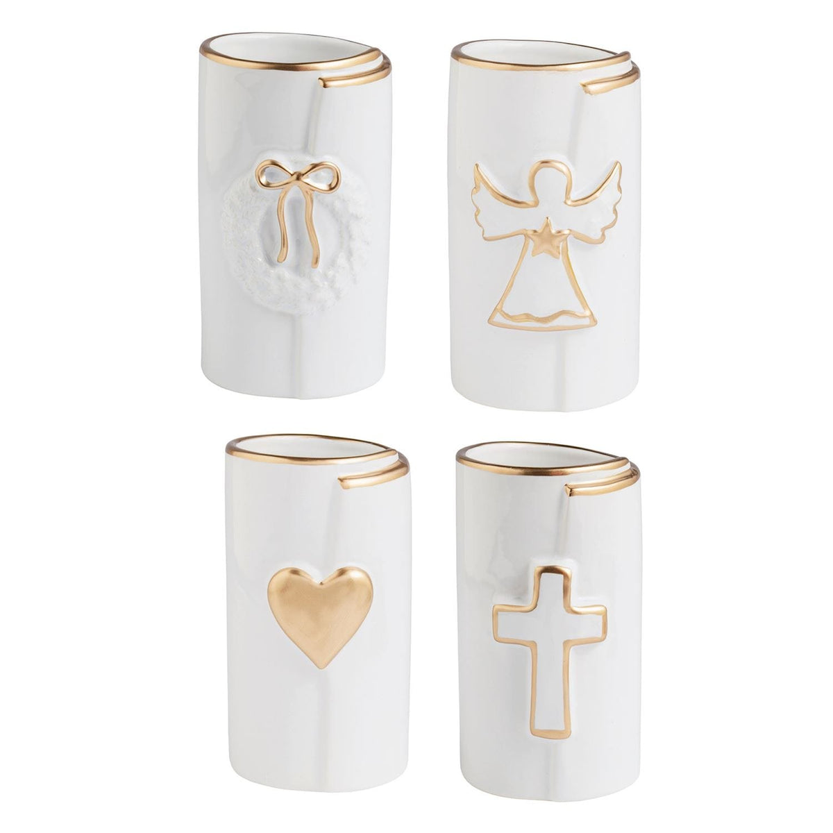 White ceramic bud vases with gold wreath, angel, heart, and cross designs, set of four