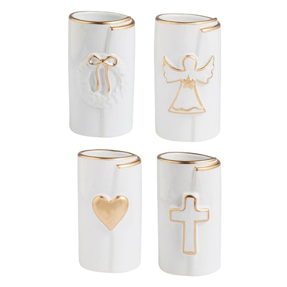 White ceramic bud vases with gold wreath, angel, heart, and cross designs, set of four
