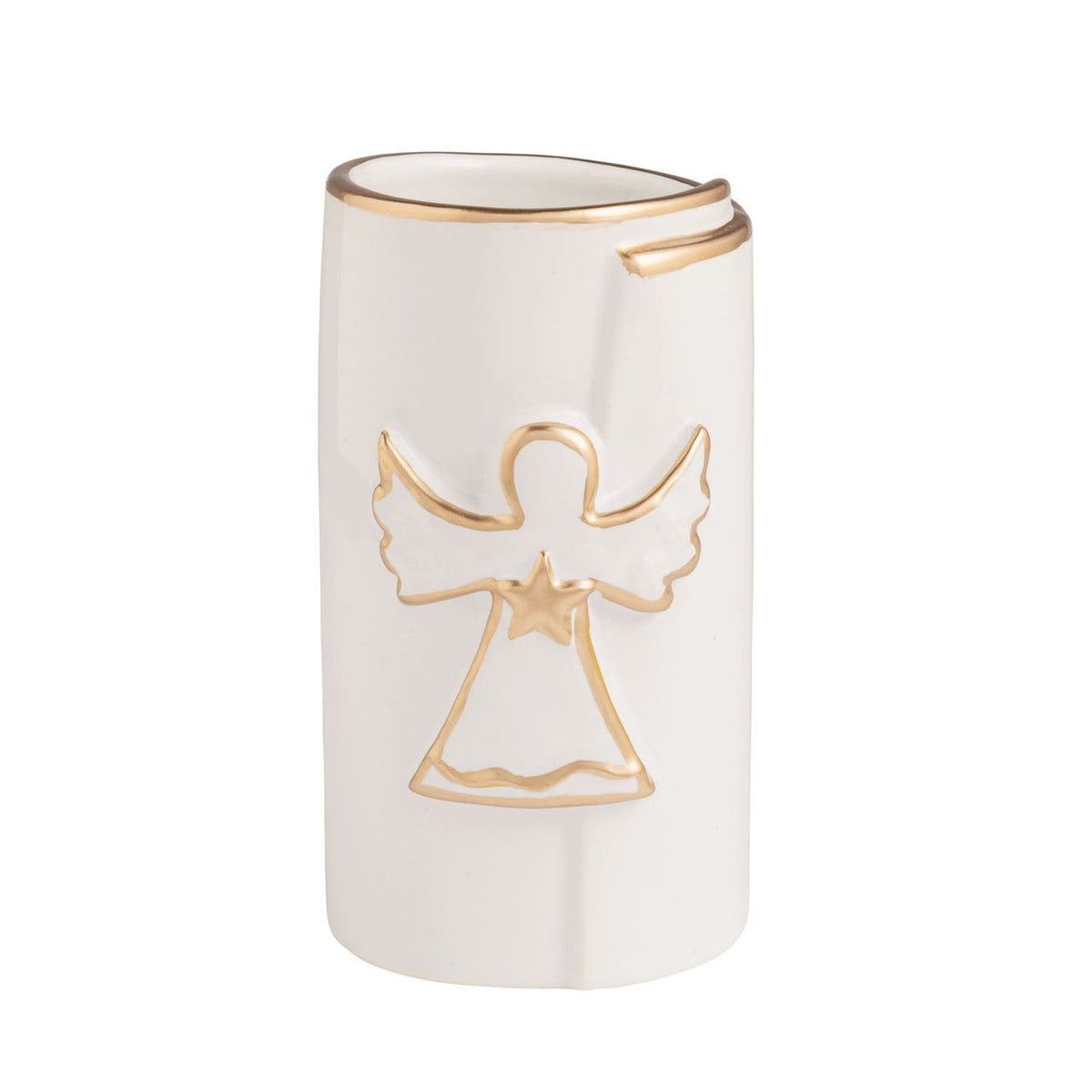 White ceramic holiday vase with gold angel motif and gold rim accent