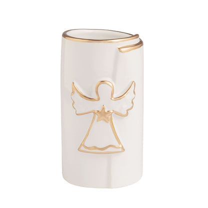 White ceramic holiday vase with gold angel motif and gold rim accent