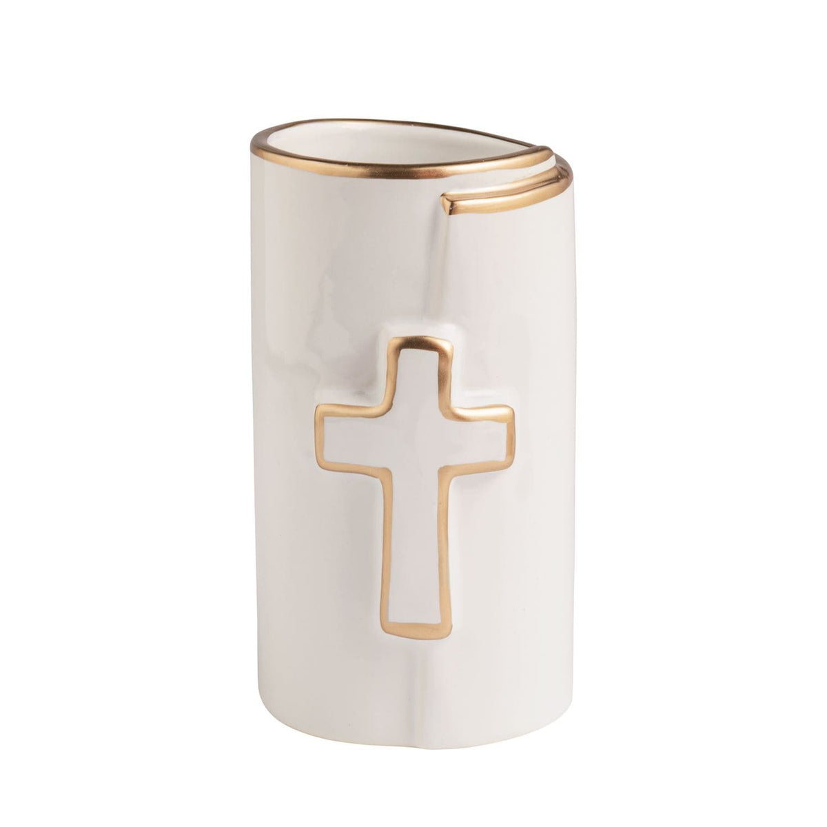 White ceramic vase with gold-trimmed cross emblem and angled gold rim