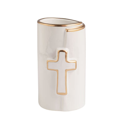 White ceramic vase with gold-trimmed cross emblem and angled gold rim
