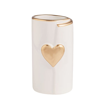 White ceramic vase with raised gold heart and gold rim accent