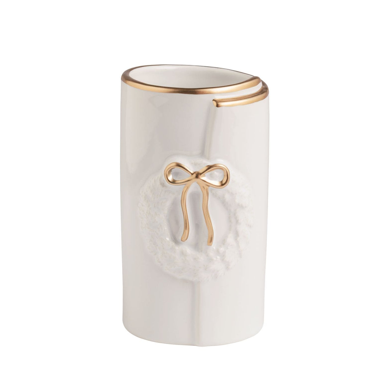White ceramic vase with gold rim and embossed wreath with gold bow