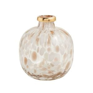 Large round glass vase with white and tan tortoise pattern and gold rim