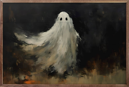 Framed oil painting of a white ghost figure on dark moody background in walnut frame