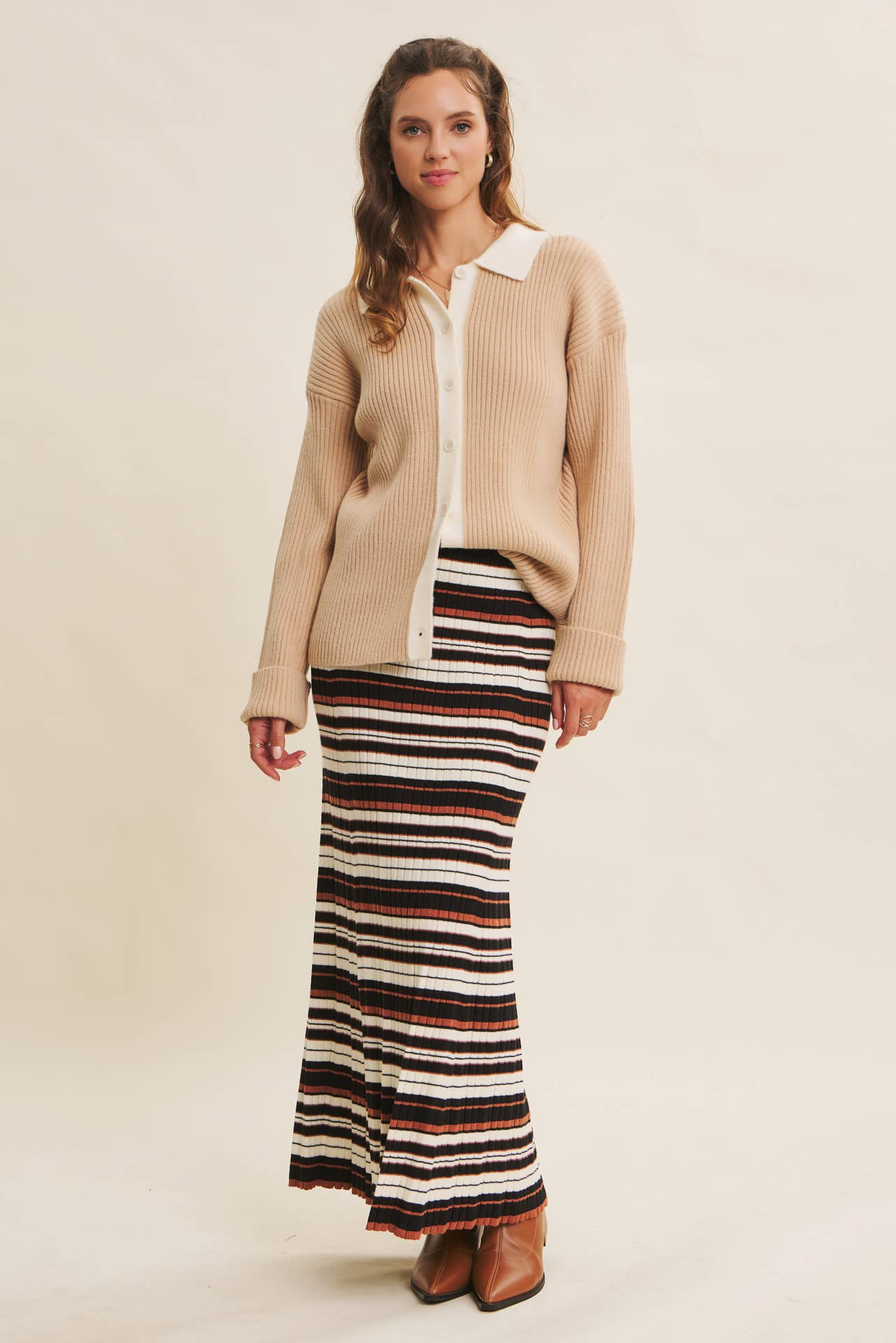 SOFTLY STRUCTURED CONTRAST RIBBED SWEATER CARDIGAN