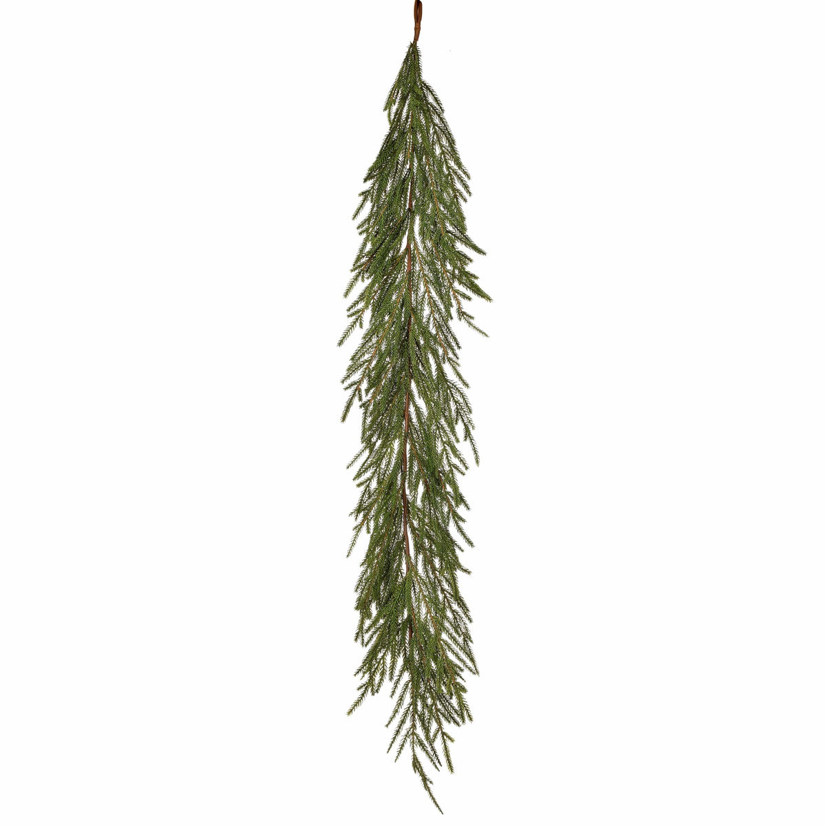 Hanging evergreen fir garland with soft feathery branches, suspended vertically against white background
