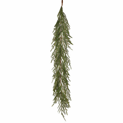 Hanging evergreen fir garland with soft feathery branches, suspended vertically against white background