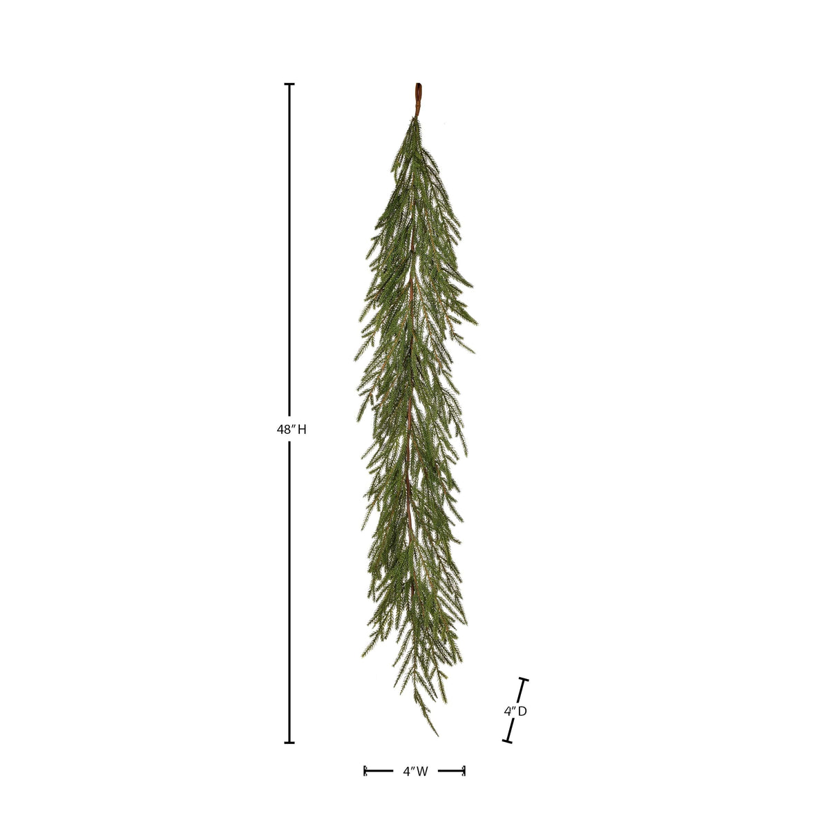 Hanging artificial fir garland with soft needle branches, 48 inches tall, shown with dimension labels