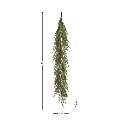 Hanging artificial fir garland with soft needle branches, 48 inches tall, shown with dimension labels