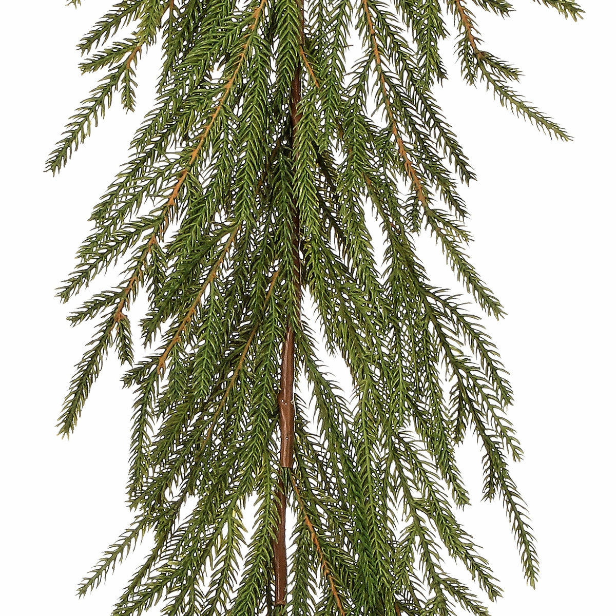 Cascading artificial fir garland with soft needle branches and brown stems, front view