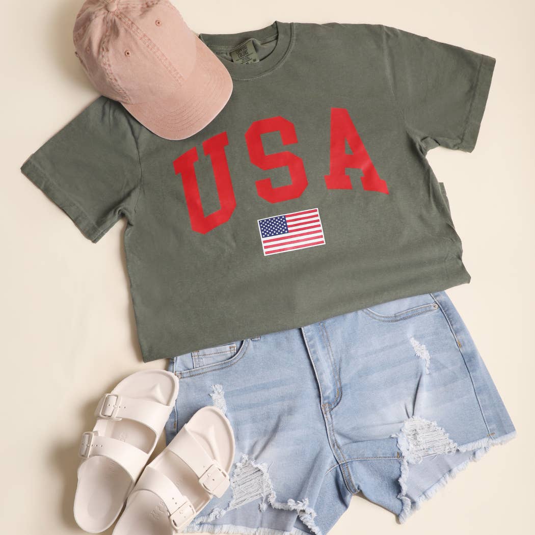**Pre-Order**  USA American Flag Varsity Garment-Dyed Heavy Cotton T-Shirt