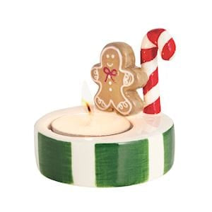 Mudpie ceramic tealight holder with green stripes, gingerbread man and candy cane figures