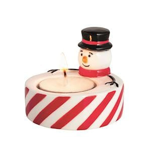 Snowman tealight candle holder with red and white candy cane striped base