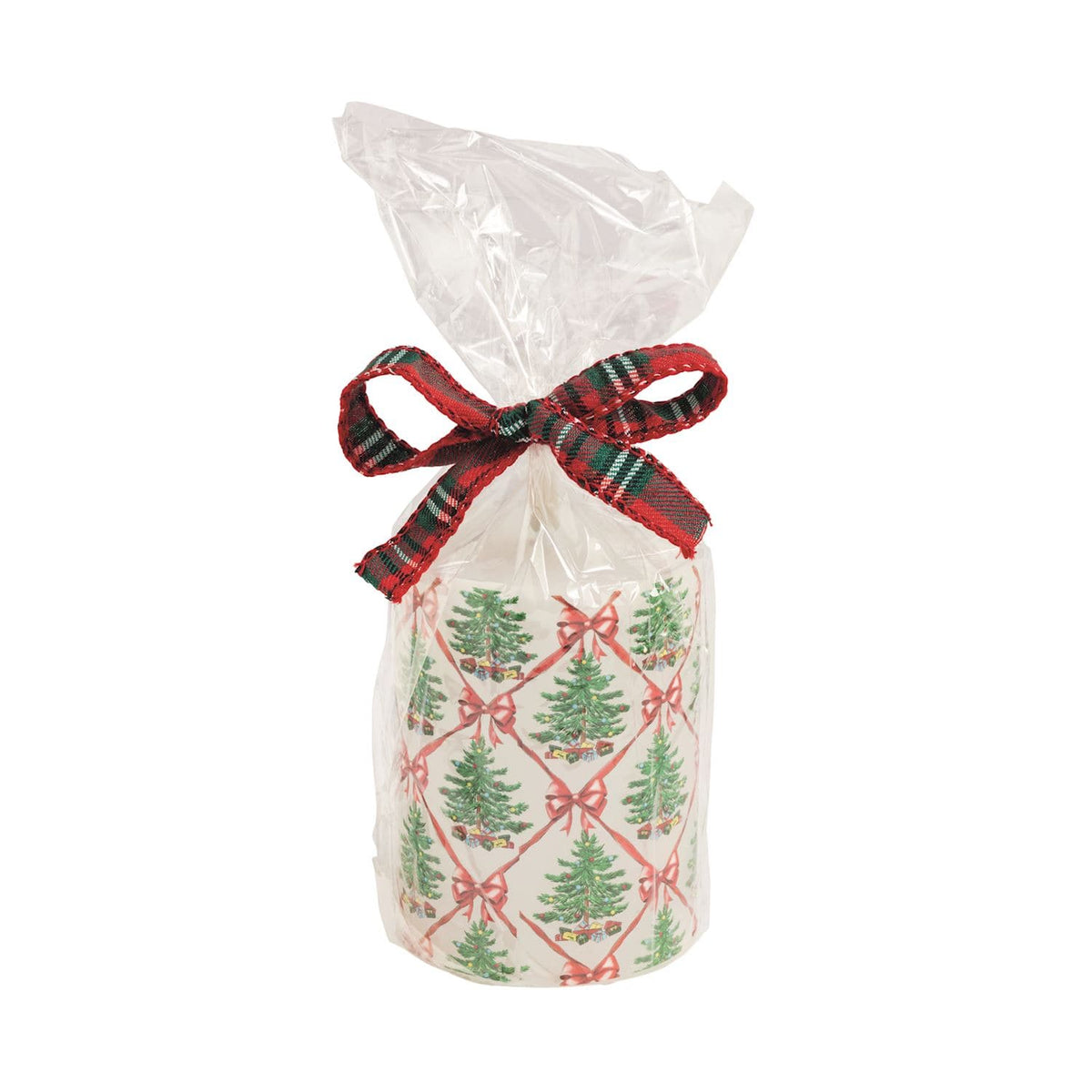 Mudpie Christmas tree patterned flameless pillar candle in clear gift bag with plaid bow