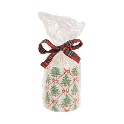 Mudpie Christmas tree patterned flameless pillar candle in clear gift bag with plaid bow