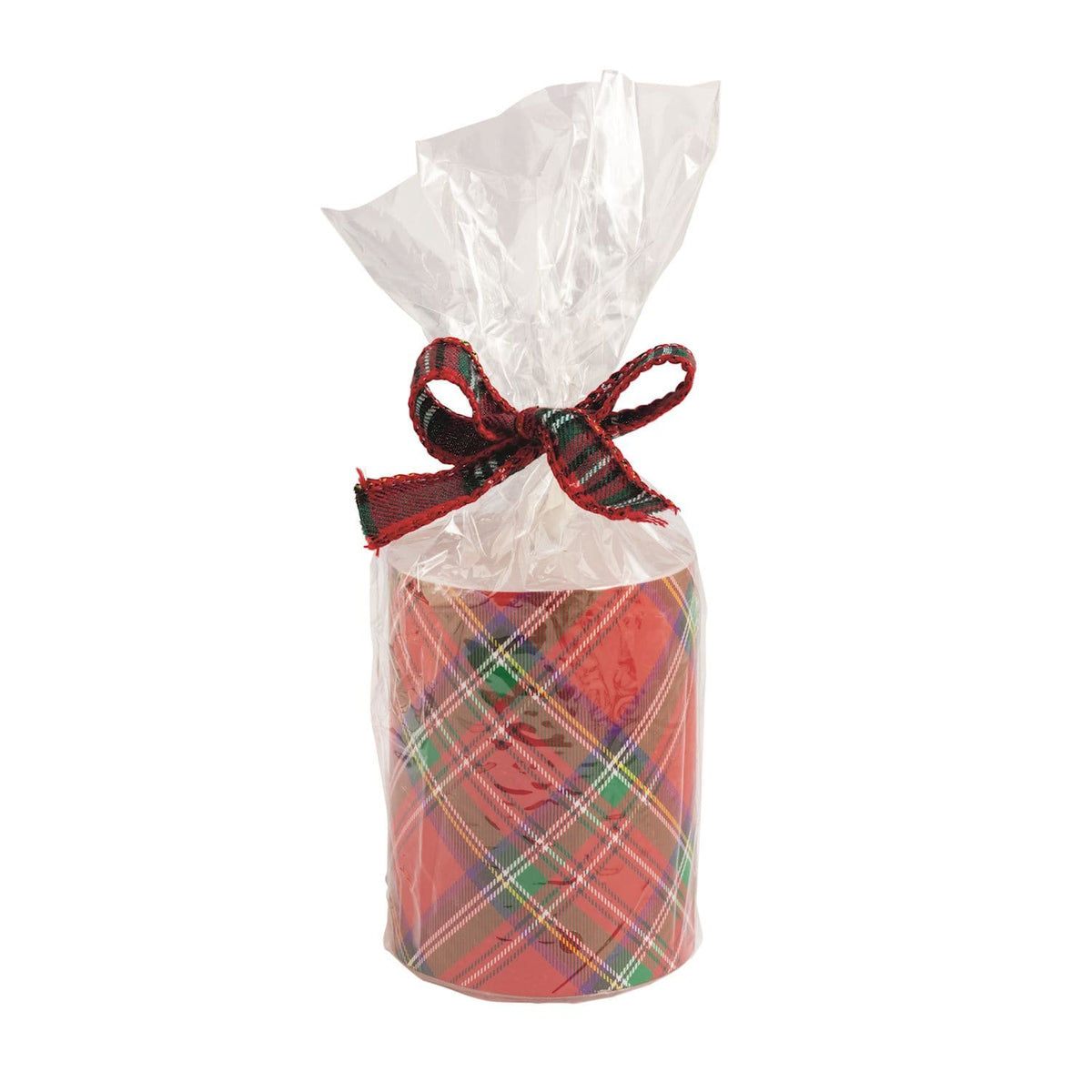 Red tartan plaid flameless pillar candle wrapped in clear cellophane with plaid bow