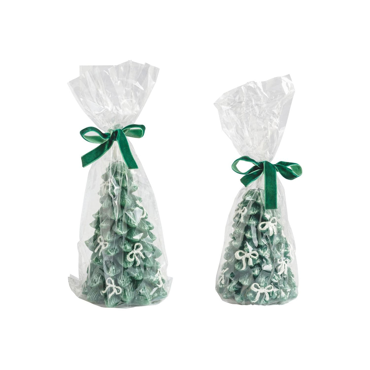 Green Christmas tree flameless LED candles in two sizes wrapped in clear cellophane bags