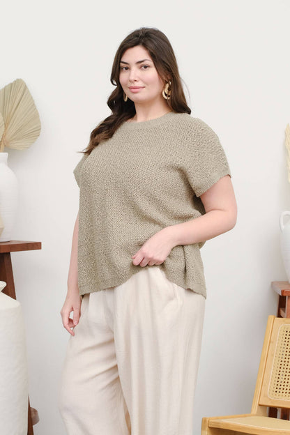 PLUS TEXTURED KNIT CREW NECK SHORT SLEEVE PULLOVER