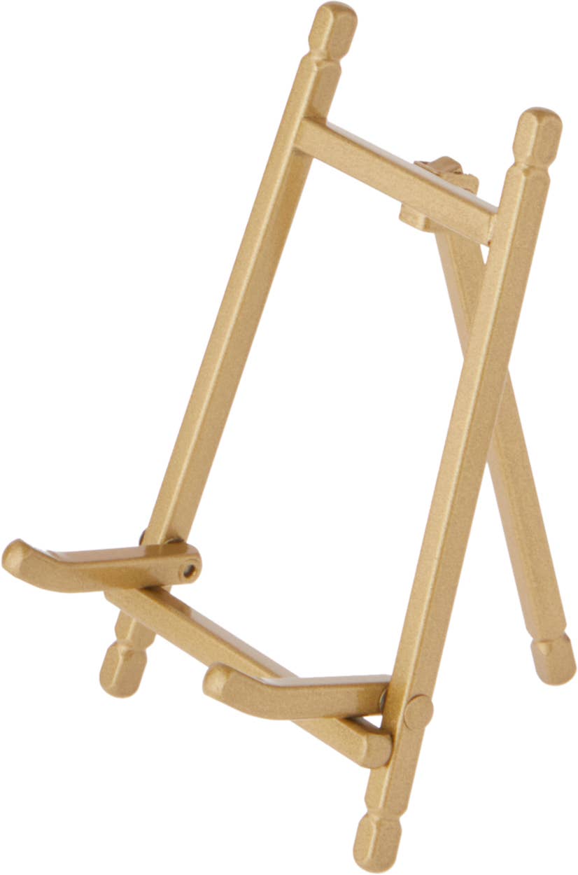 Bard's small gold satin metal tabletop easel with folding tripod stand, 5 inches tall