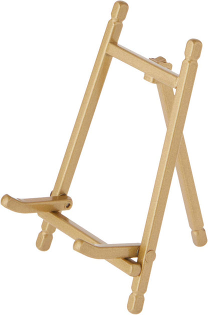 Bard's small gold satin metal tabletop easel with folding tripod stand, 5 inches tall