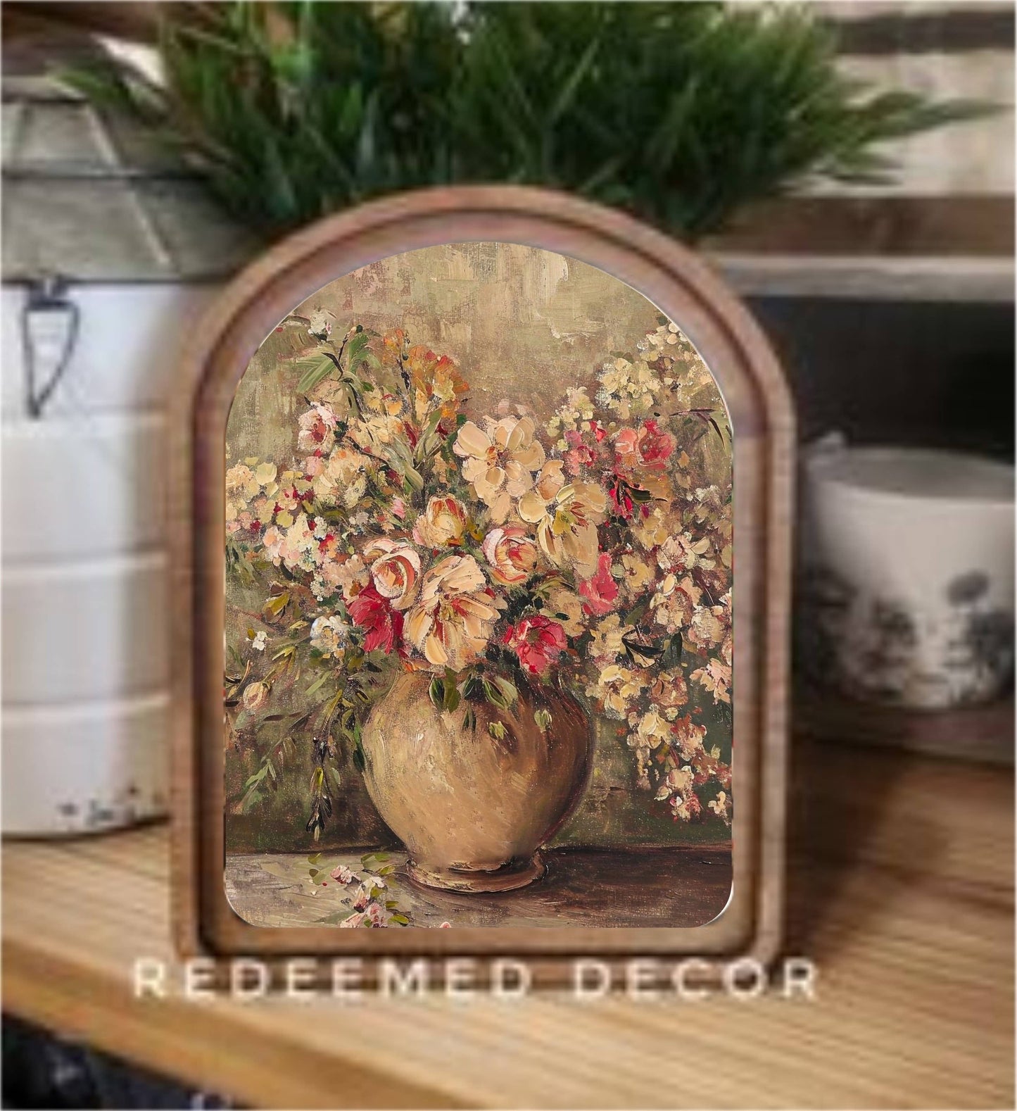 Arch Top Rustic Floral Vase Framed Art - Large