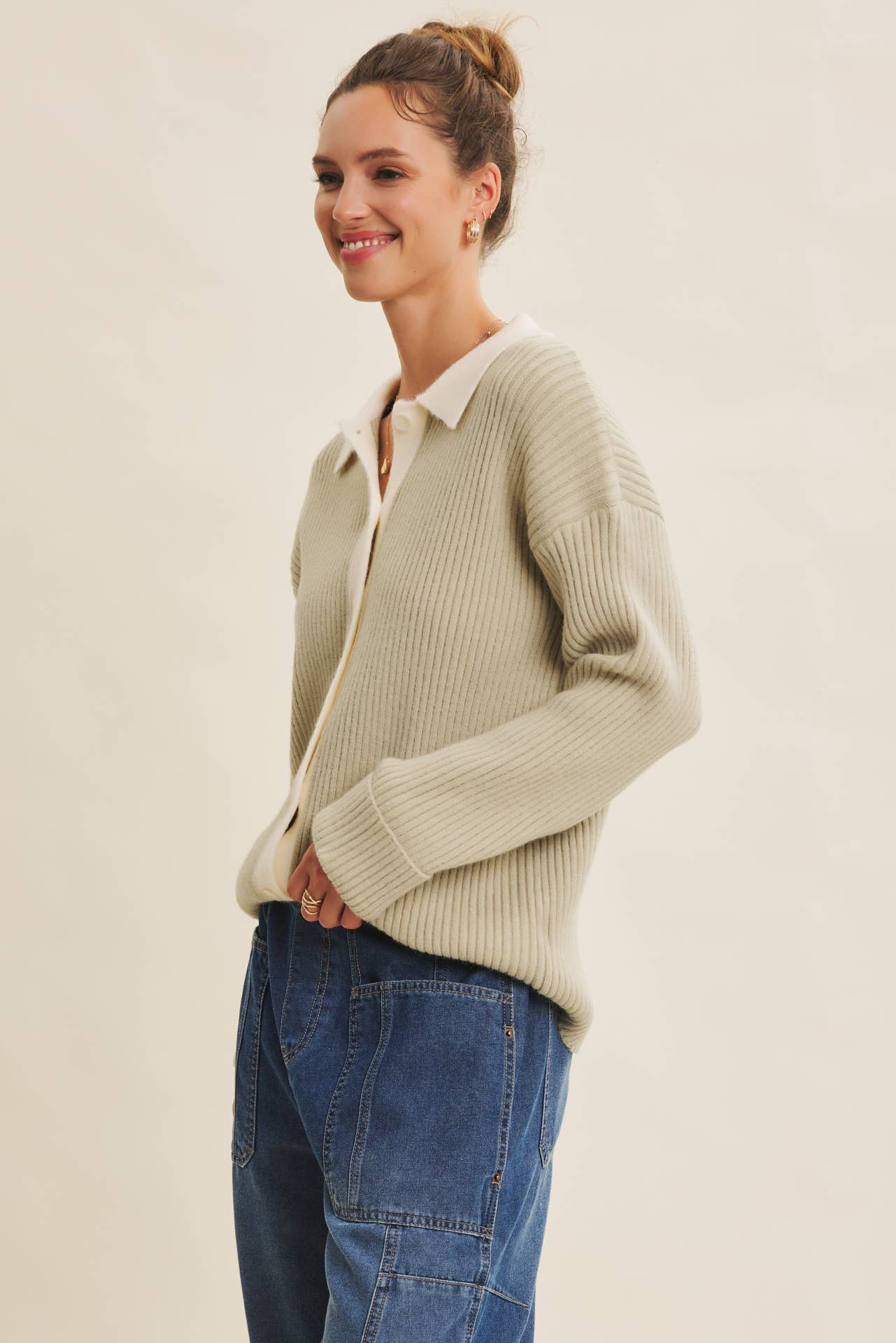 SOFTLY STRUCTURED CONTRAST RIBBED SWEATER CARDIGAN