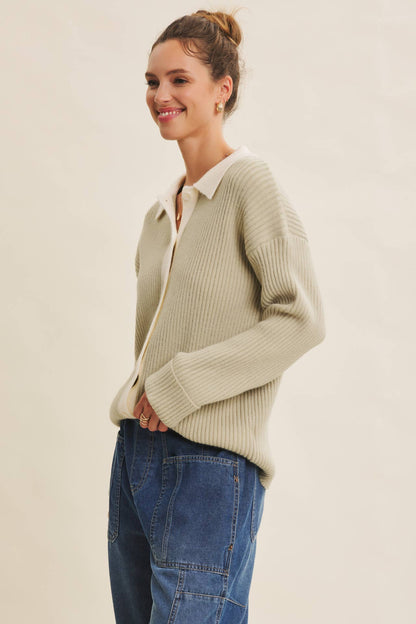 SOFTLY STRUCTURED CONTRAST RIBBED SWEATER CARDIGAN