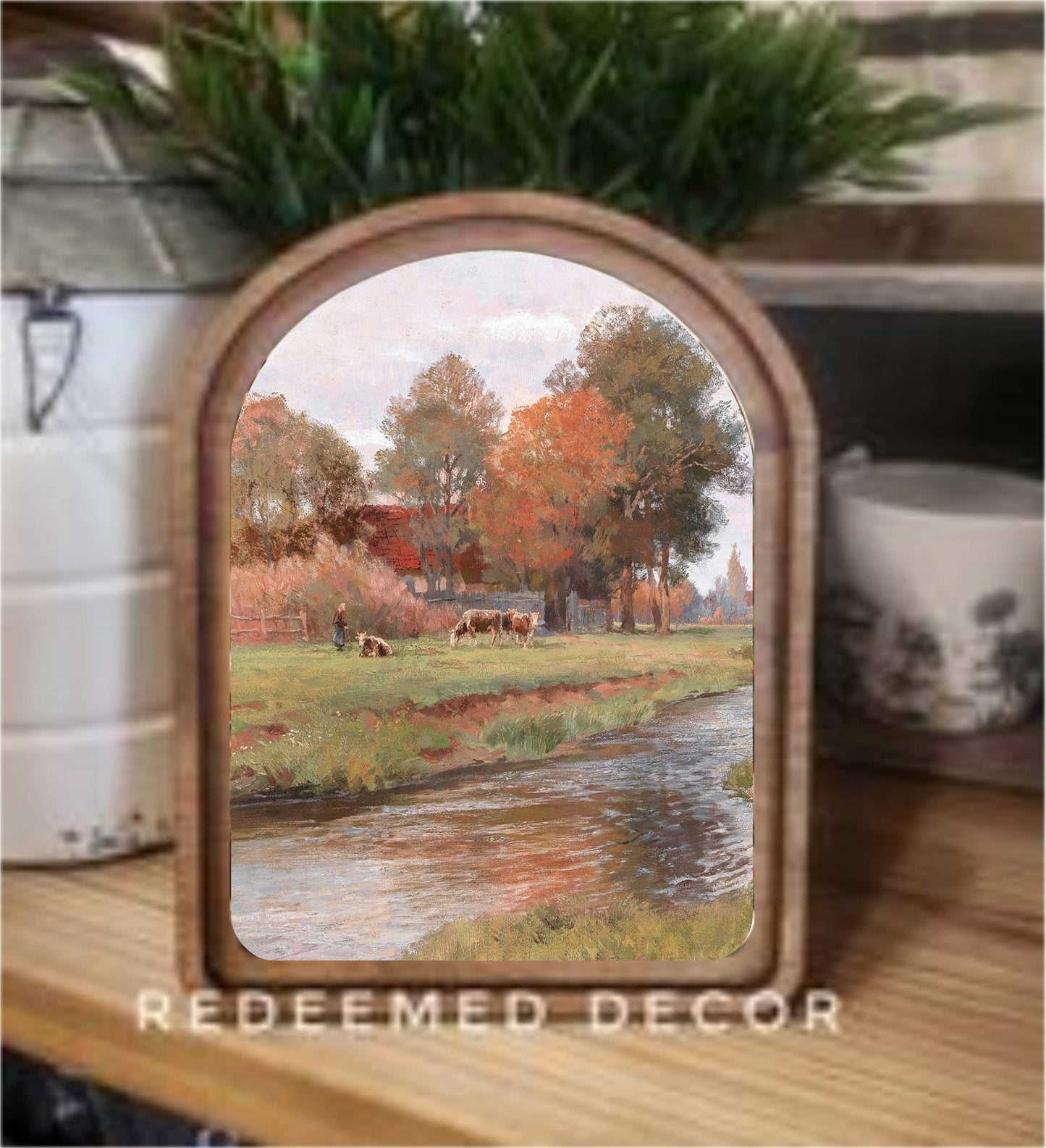 Arch top framed canvas art of autumn farm pastoral scene with cows and stream
