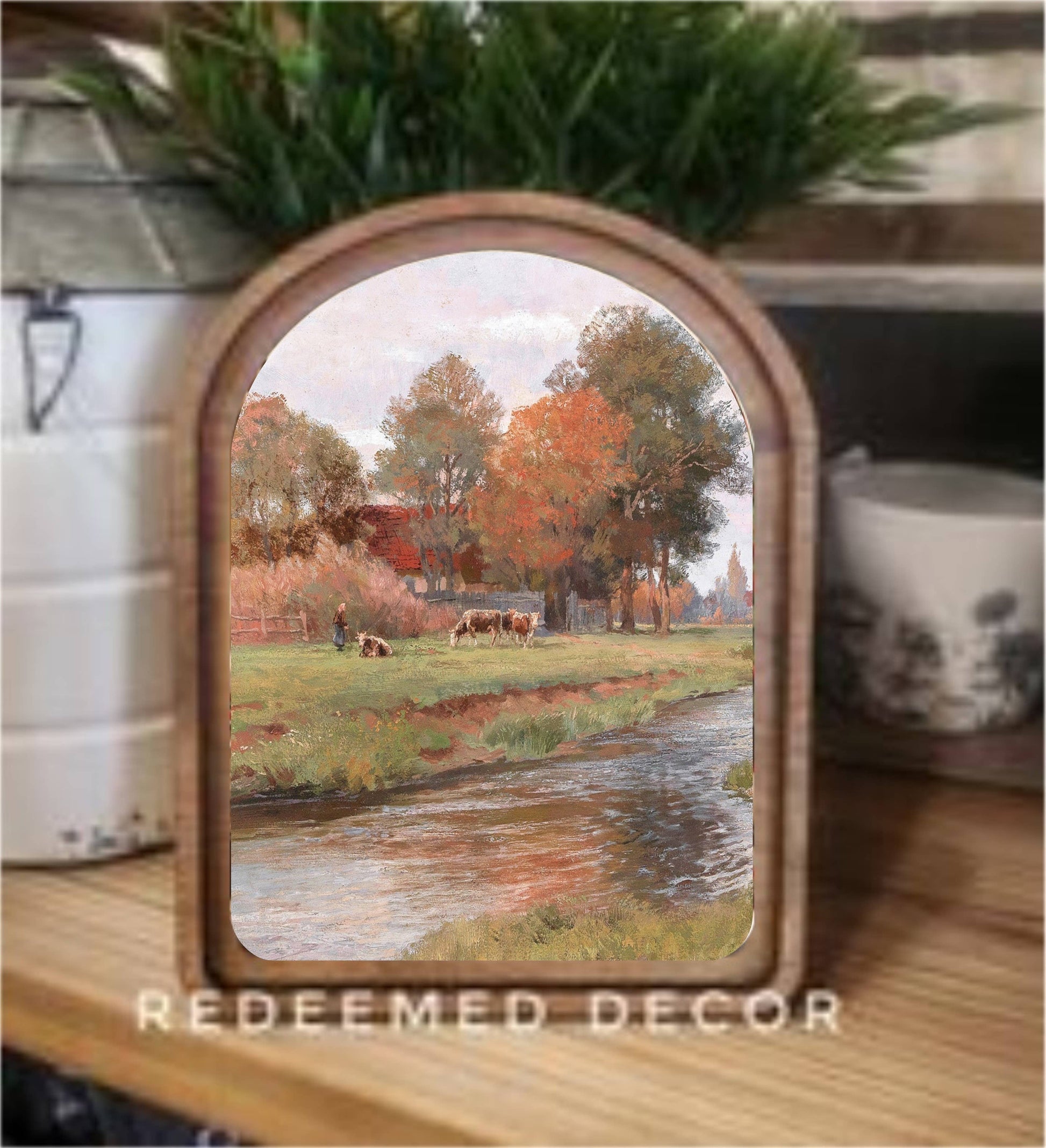 Arch top framed canvas art of autumn farm pastoral scene with cows and stream