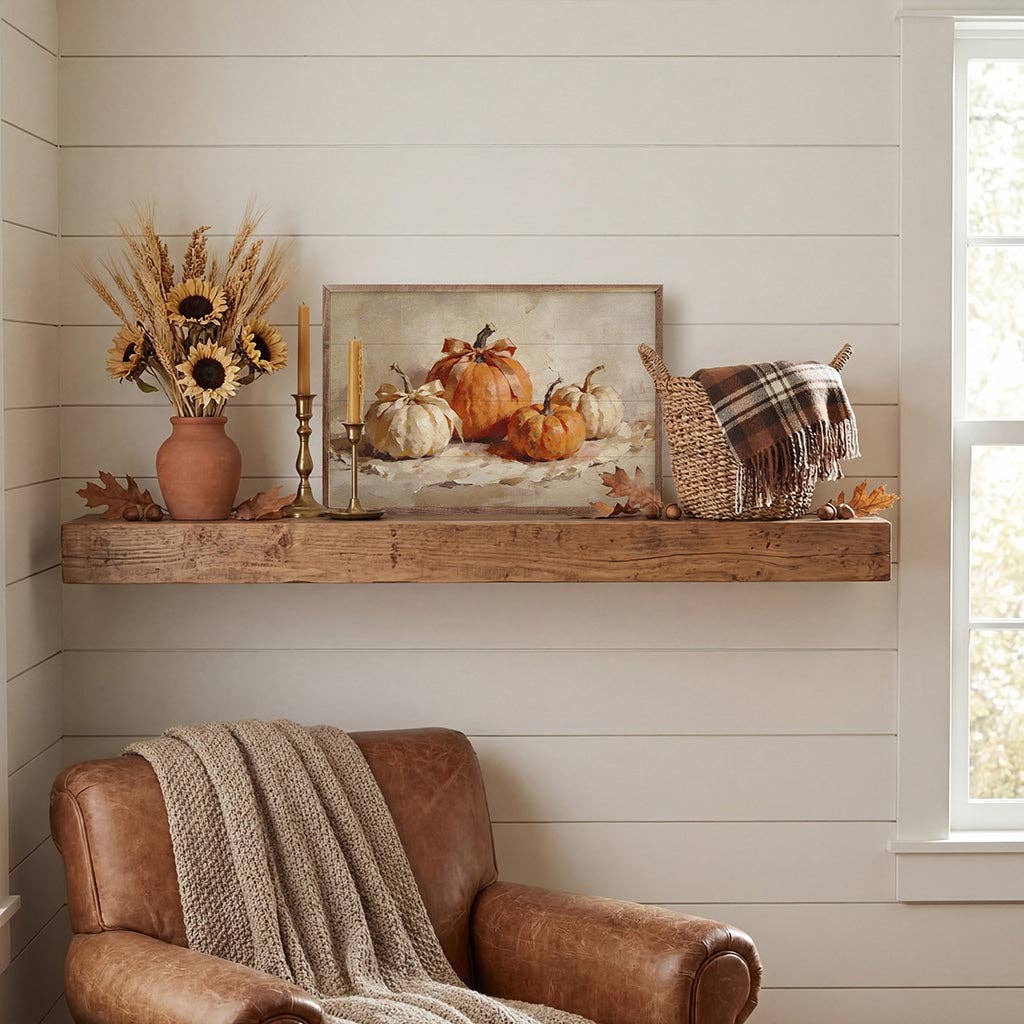 Framed fall pumpkin art print displayed on rustic wood floating shelf with autumn decor