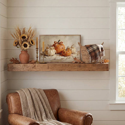 Framed fall pumpkin art print displayed on rustic wood floating shelf with autumn decor