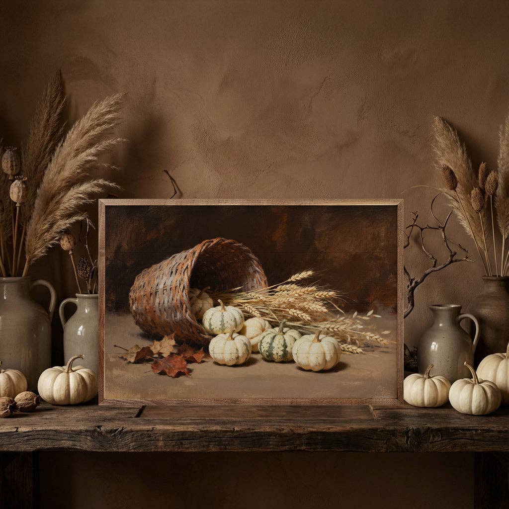 Framed fall painting of spilled basket with white pumpkins and wheat stalks
