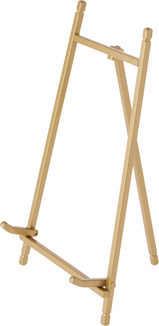 Gold satin metal display easel with tripod base, 9 inches tall, angled frame