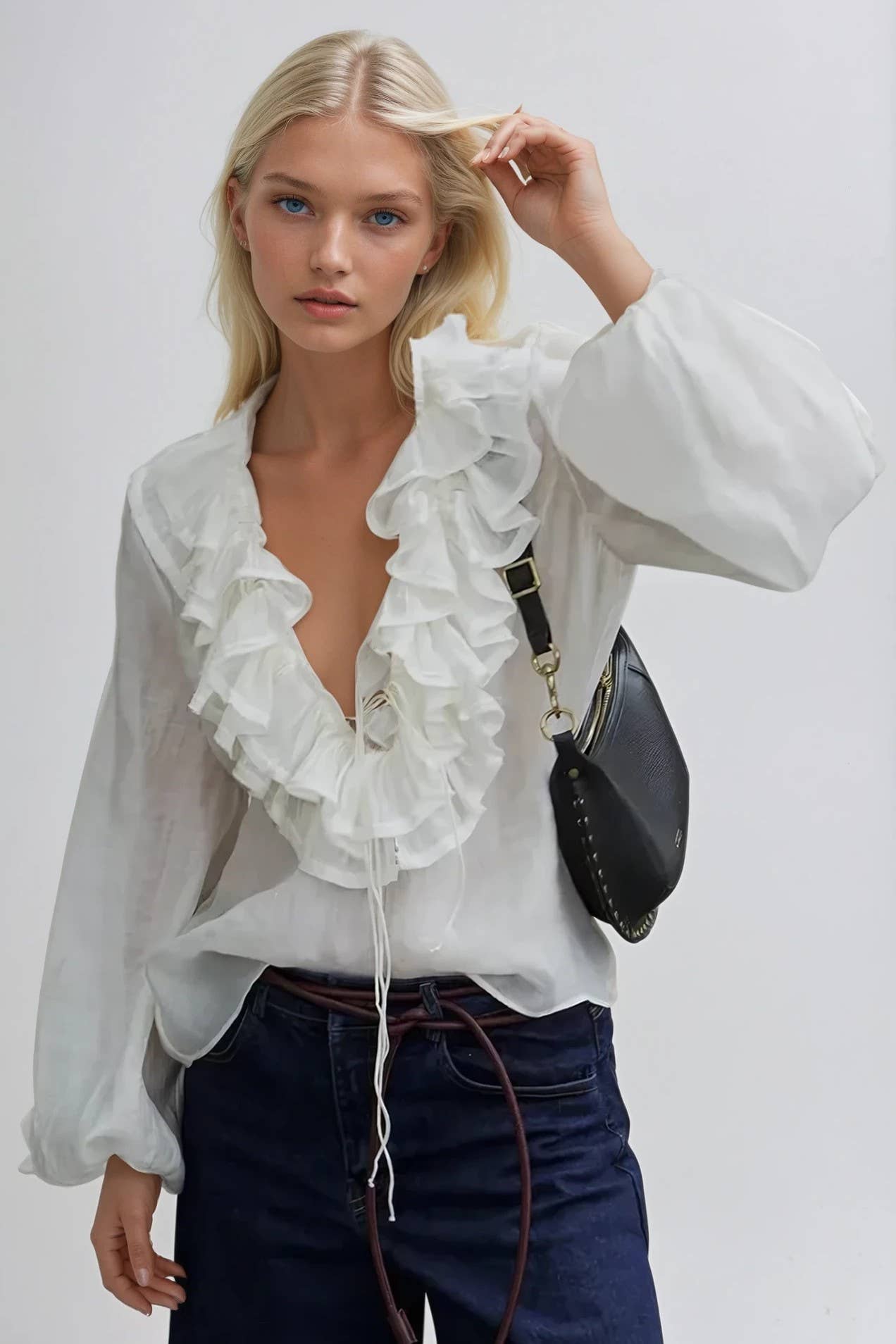 Ruffled Lace Up Blouse