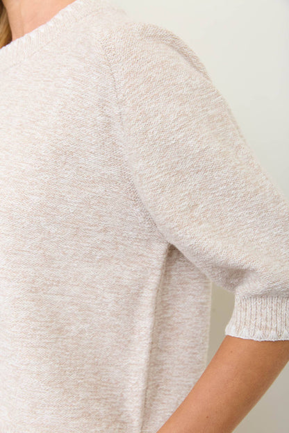 HEATHERED CONTRAST TRIM SHORT SLEEVE KNIT SWEATER